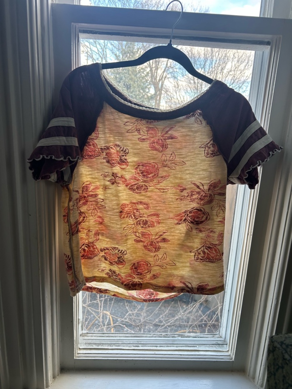 We The Free Cream Floral Raglan Crop Top with Brown Sleeves